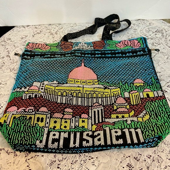 Vintage, Jerusalem, Colorful Beaded Tote Handbag 14in L x 12in H x 3.5in W - Picture 9 of 12
